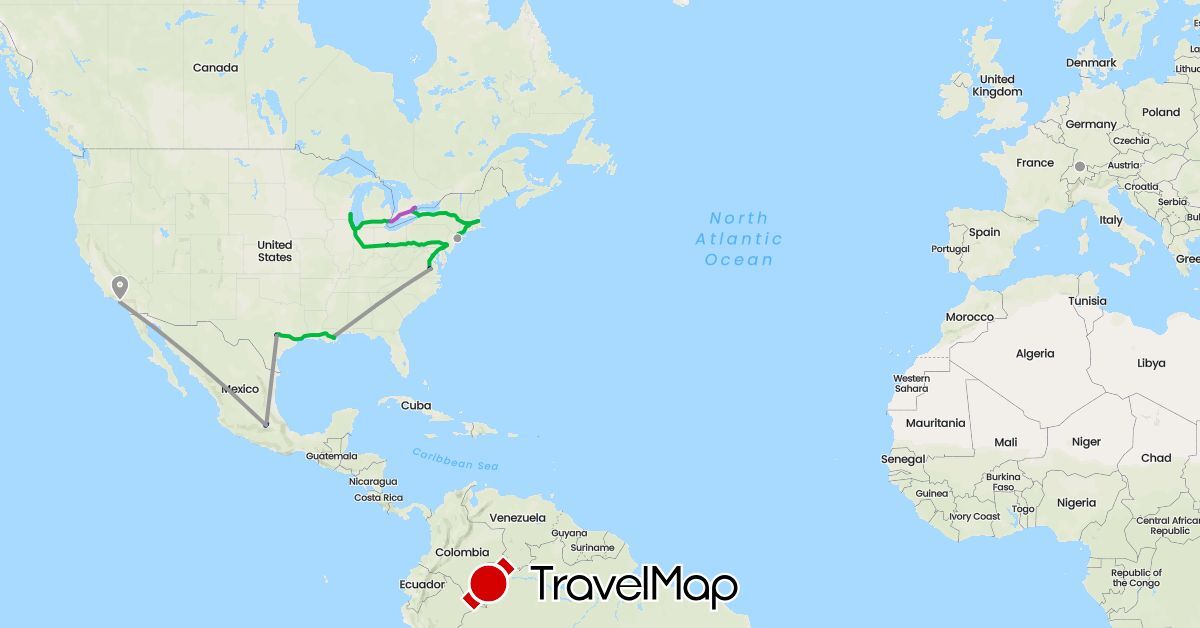 TravelMap itinerary: driving, bus, plane, train, hiking, boat, subway in Canada, Switzerland, Mexico, United States (Europe, North America)