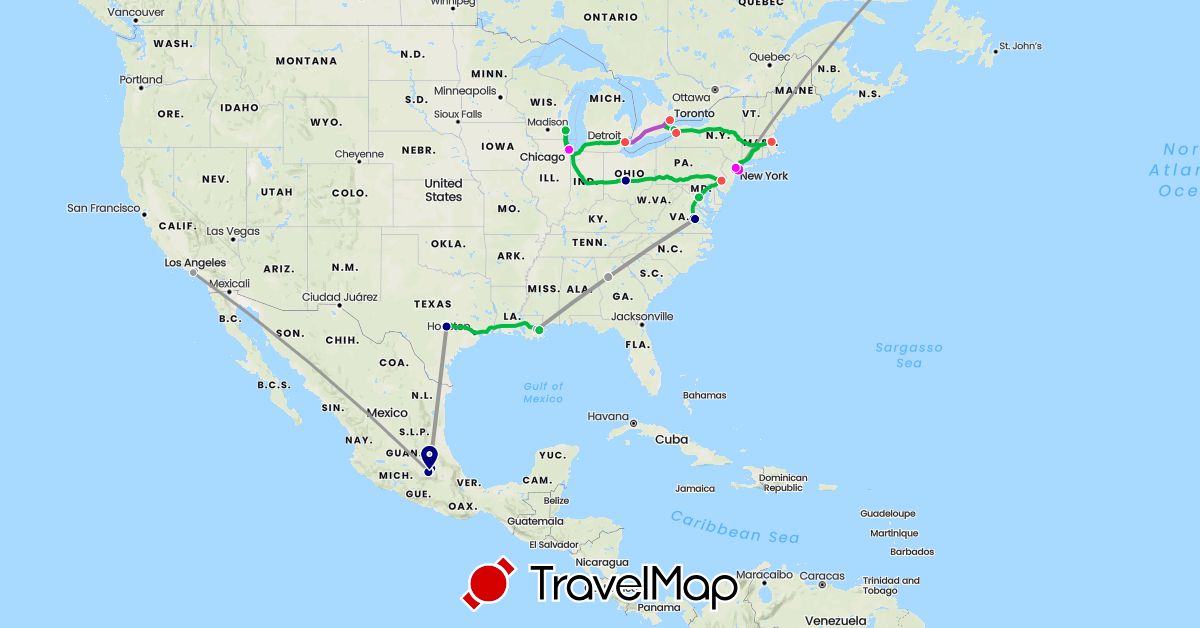 TravelMap itinerary: driving, bus, plane, train, hiking, boat, subway in Canada, Mexico, United States (North America)