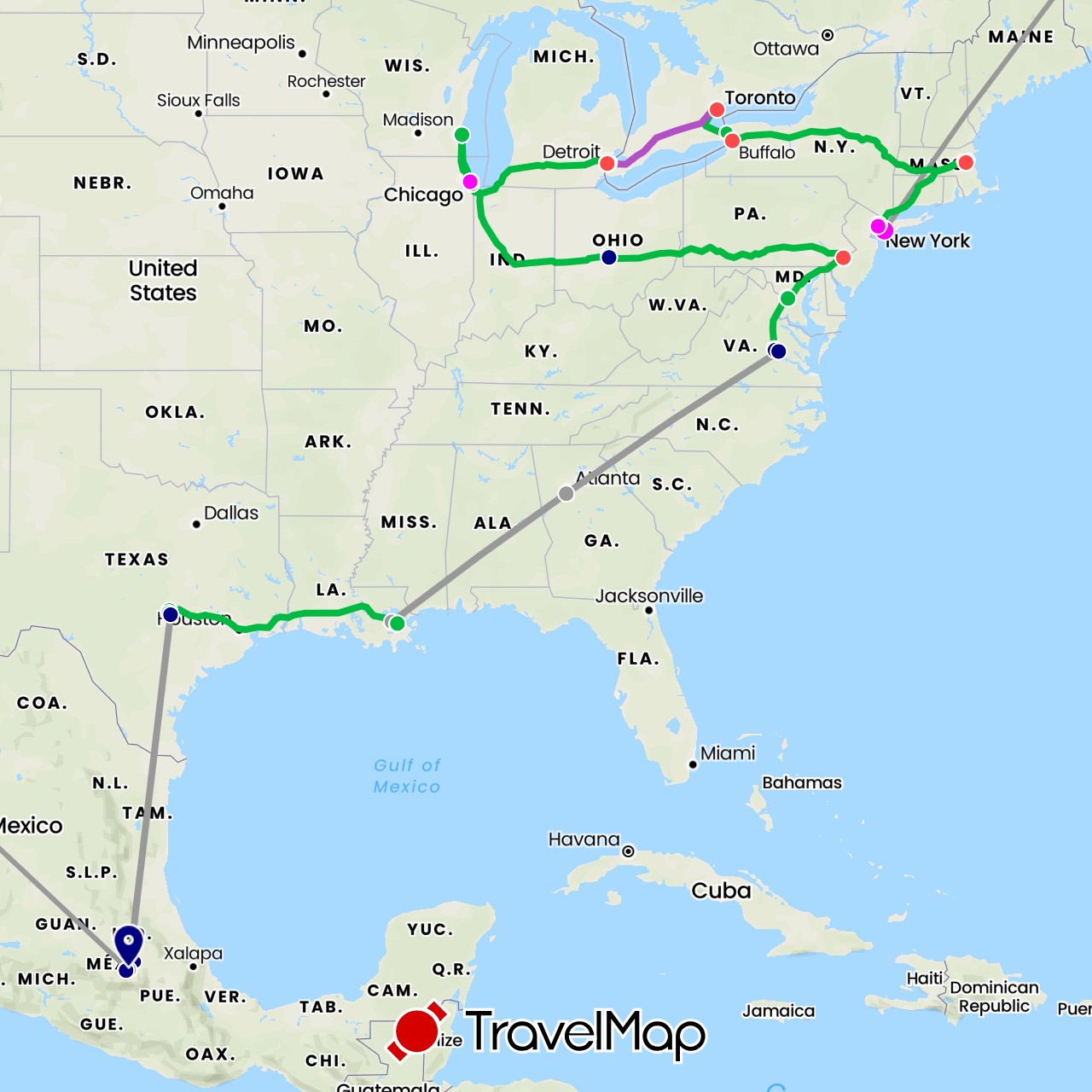 TravelMap itinerary: driving, bus, plane, train, hiking, boat, subway in Canada, Switzerland, Iceland, Mexico, United States (Europe, North America)
