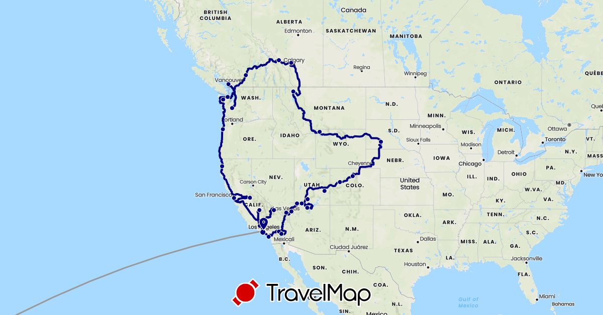 TravelMap itinerary: driving, plane in Canada, United States (North America)