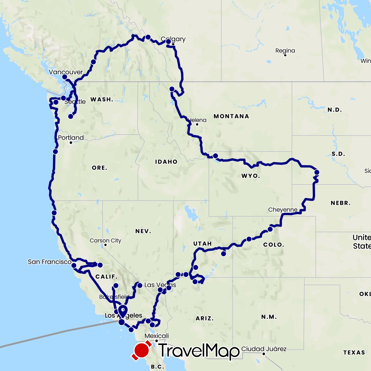 TravelMap itinerary: driving, plane in Canada, United States (North America)