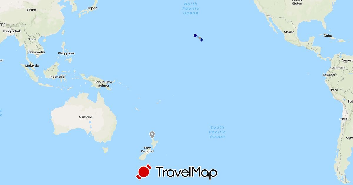 TravelMap itinerary: driving, plane, hiking, boat in New Zealand, United States (North America, Oceania)