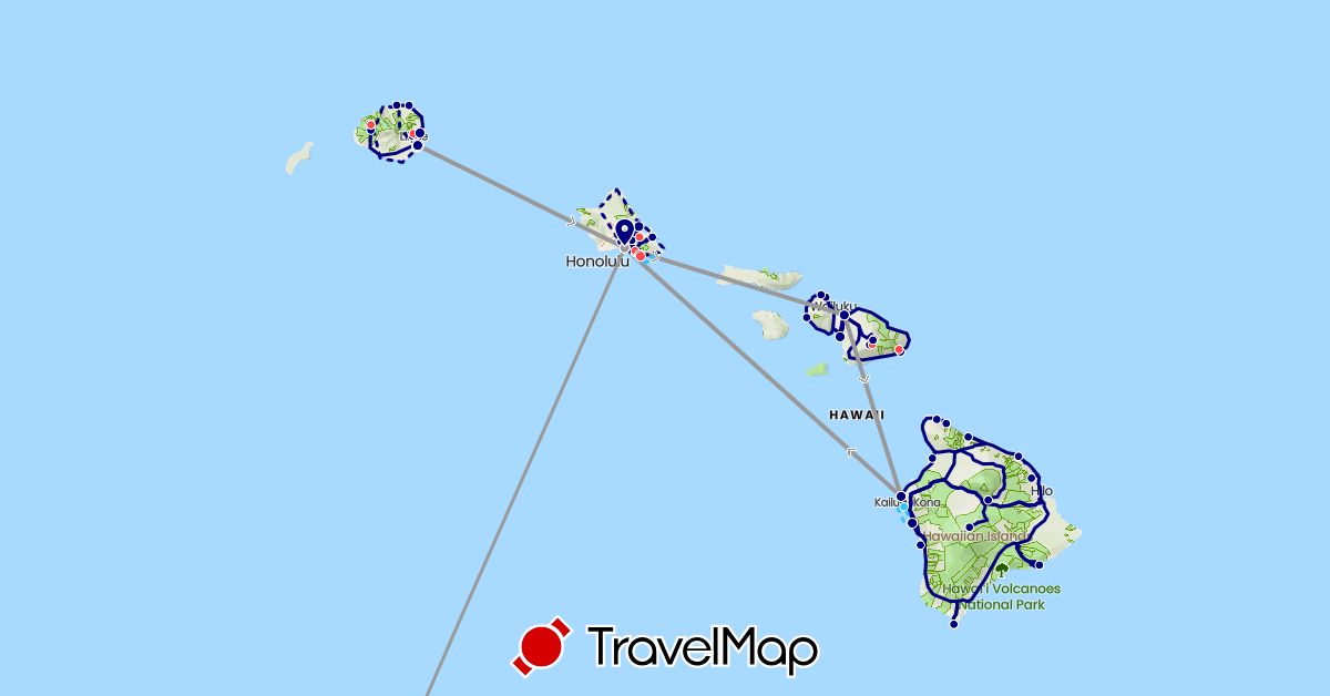 TravelMap itinerary: driving, plane, hiking, boat in United States (North America)