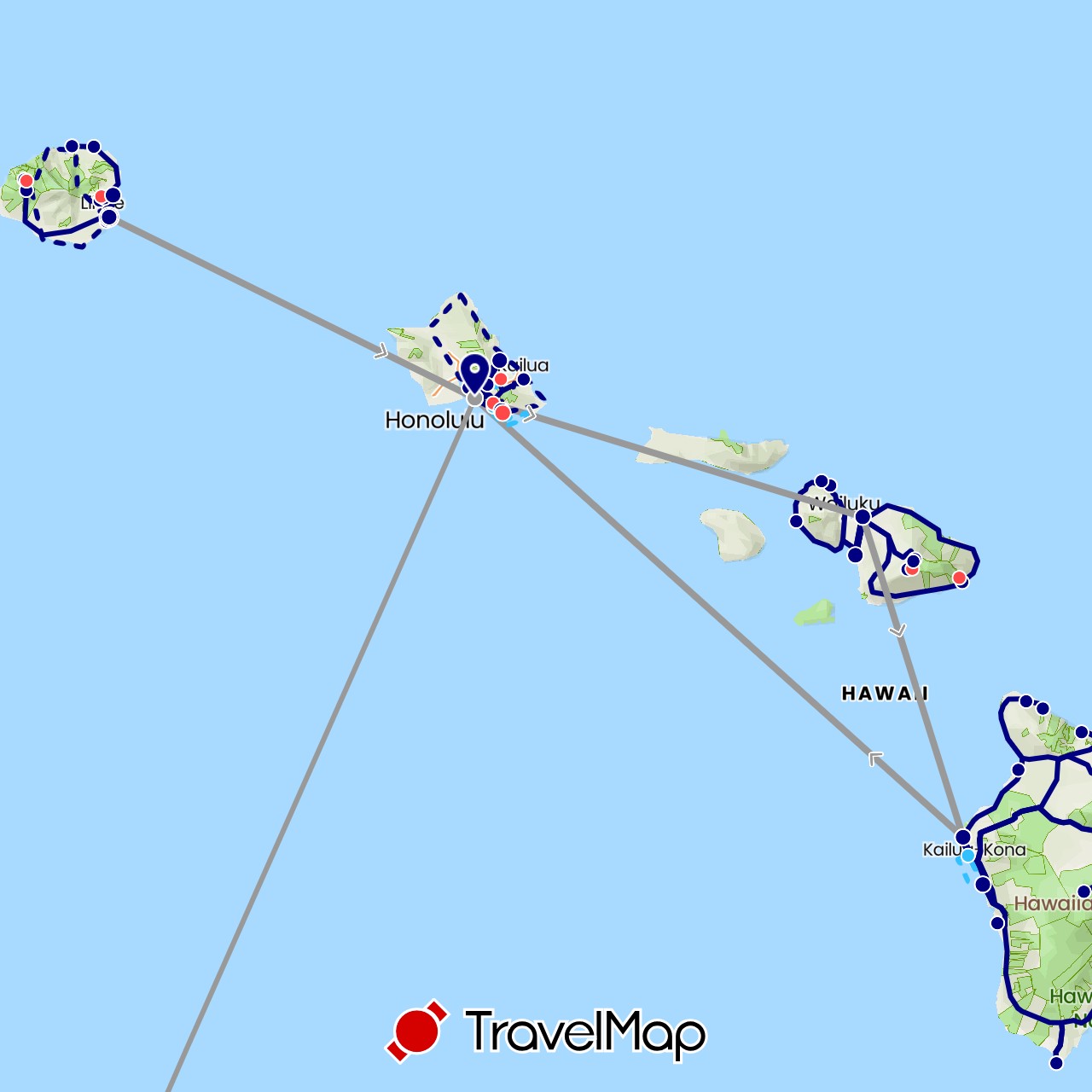 TravelMap itinerary: driving, plane, hiking, boat in New Zealand, United States (North America, Oceania)