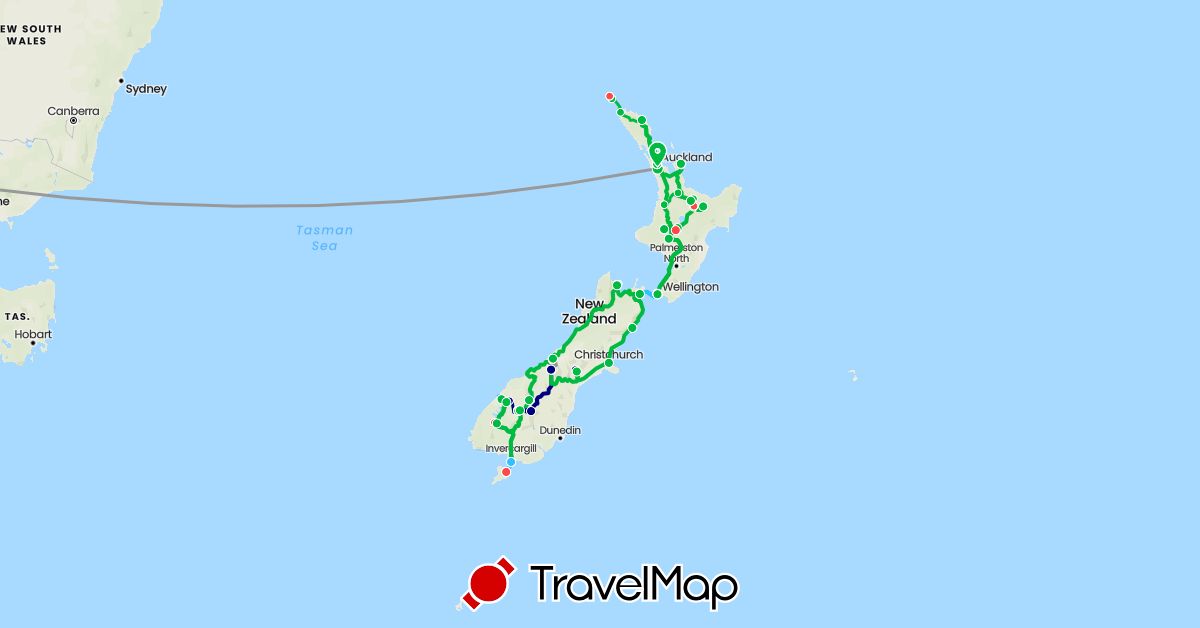 TravelMap itinerary: driving, bus, plane, hiking, boat in Australia, New Zealand (Oceania)