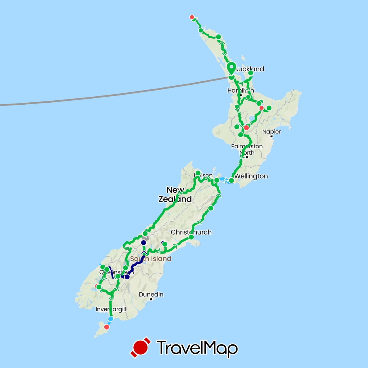 TravelMap itinerary: driving, bus, plane, hiking, boat in Australia, New Zealand (Oceania)