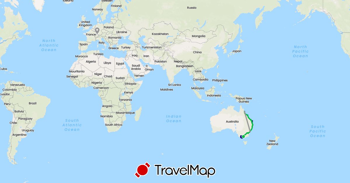 TravelMap itinerary: driving, bus, plane, train, hiking, boat in United Arab Emirates, Australia, Switzerland (Asia, Europe, Oceania)