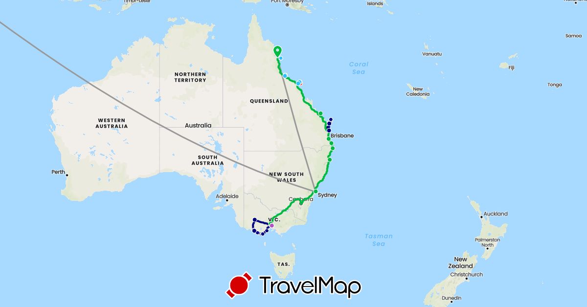 TravelMap itinerary: driving, bus, plane, train, hiking, boat in United Arab Emirates, Australia, Switzerland (Asia, Europe, Oceania)