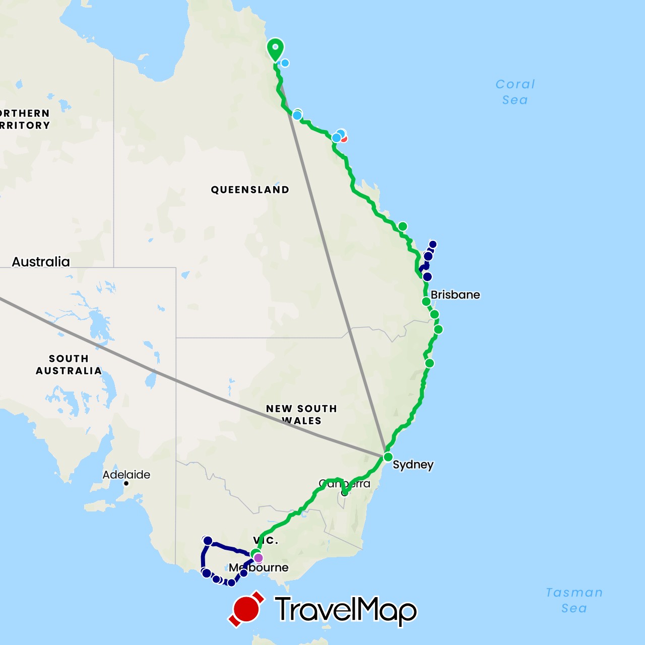 TravelMap itinerary: driving, bus, plane, train, hiking, boat in United Arab Emirates, Australia, Switzerland (Asia, Europe, Oceania)