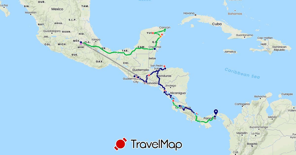 TravelMap itinerary: driving, bus, plane, train, hiking, boat, hitchhiking, subway, tour in Switzerland, Costa Rica, Spain, Guatemala, Honduras, Mexico, Nicaragua, Panama, El Salvador (Europe, North America)
