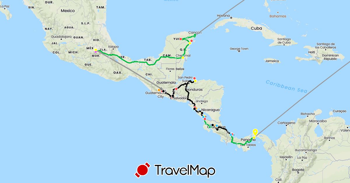 TravelMap itinerary: driving, bus, plane, hiking, boat, subway, shuttle, tour, taxi in Costa Rica, Guatemala, Honduras, Mexico, Nicaragua, Panama, El Salvador (North America)