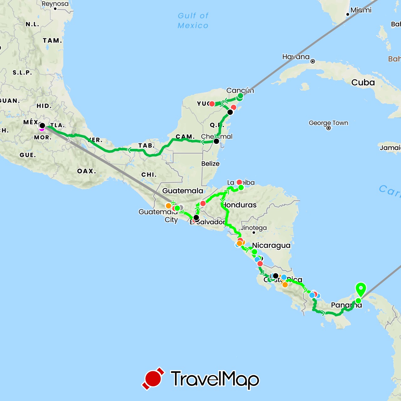 TravelMap itinerary: driving, bus, plane, hiking, boat, subway, taxi/uber/grab, tour, shuttle in Switzerland, Costa Rica, Spain, Guatemala, Honduras, Mexico, Nicaragua, Panama, El Salvador (Europe, North America)