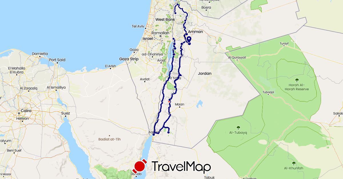 TravelMap itinerary: driving, plane, train, hiking in Switzerland, Jordan (Asia, Europe)