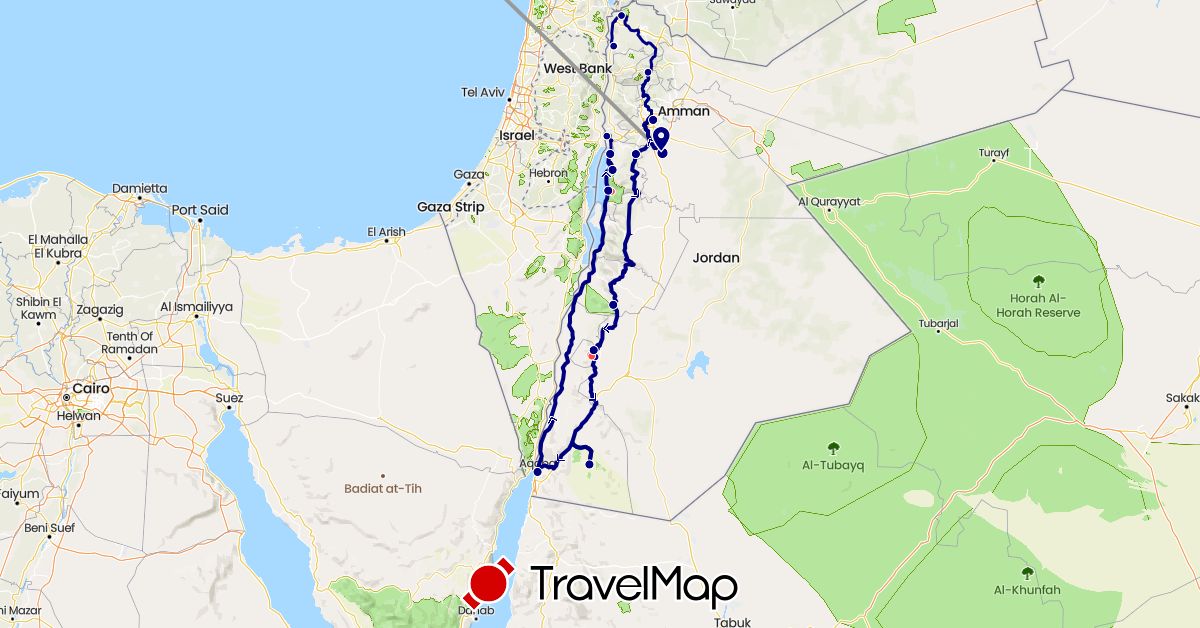 TravelMap itinerary: driving, plane, hiking in Jordan (Asia)