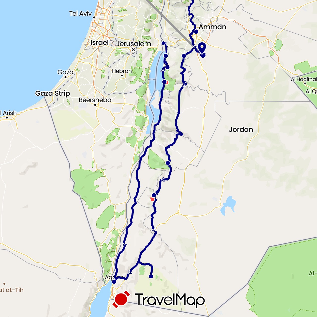 TravelMap itinerary: driving, plane, hiking in Switzerland, Jordan (Asia, Europe)