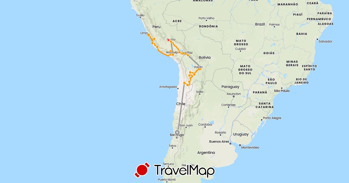 TravelMap itinerary: plane, train, hiking, tour in Bolivia, Chile, Peru (South America)