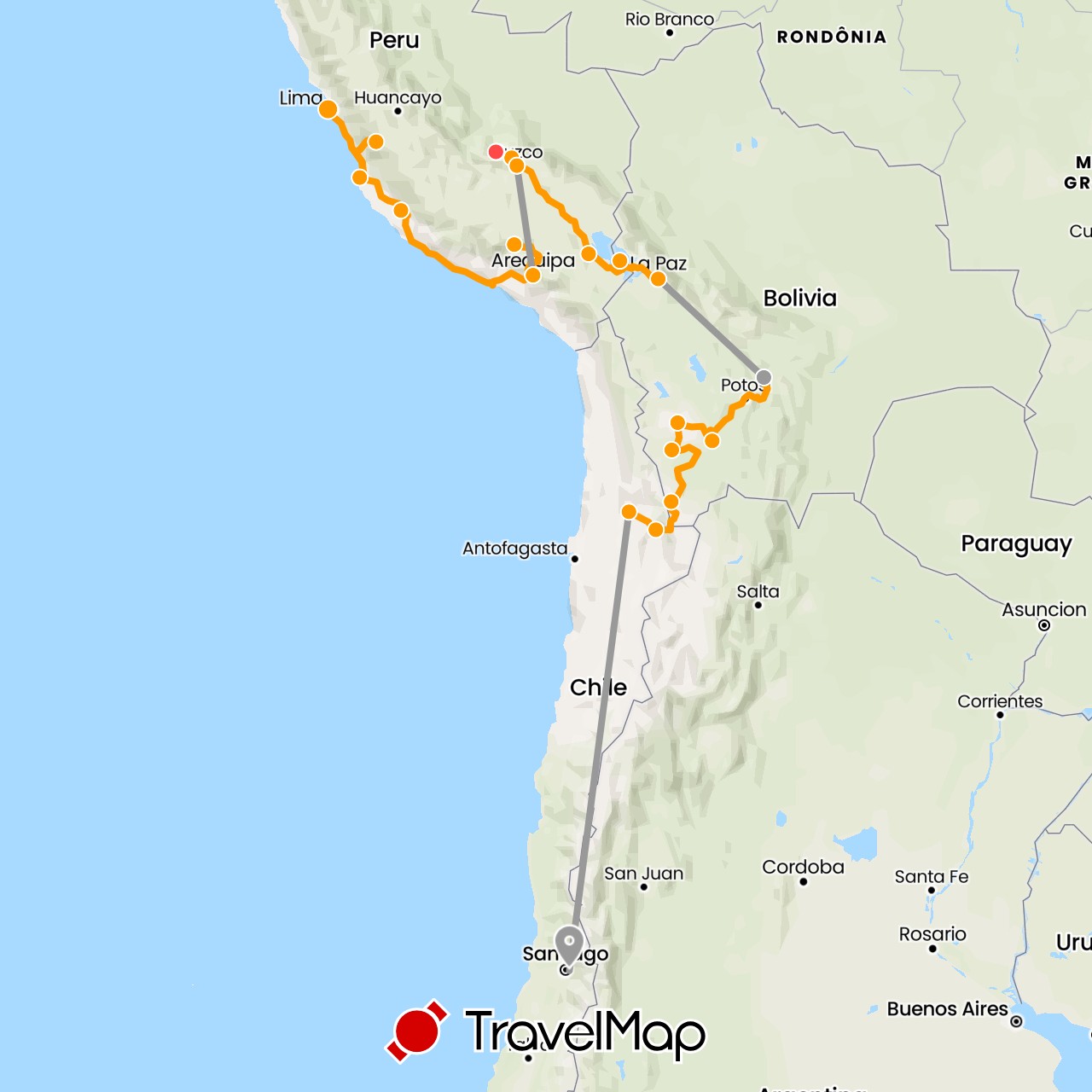 TravelMap itinerary: plane, train, hiking, tour in Bolivia, Chile, Peru (South America)