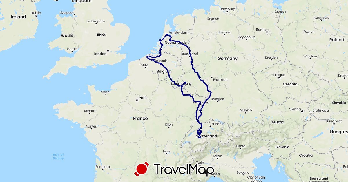 TravelMap itinerary: driving in Belgium, Switzerland, Germany, Luxembourg, Netherlands (Europe)