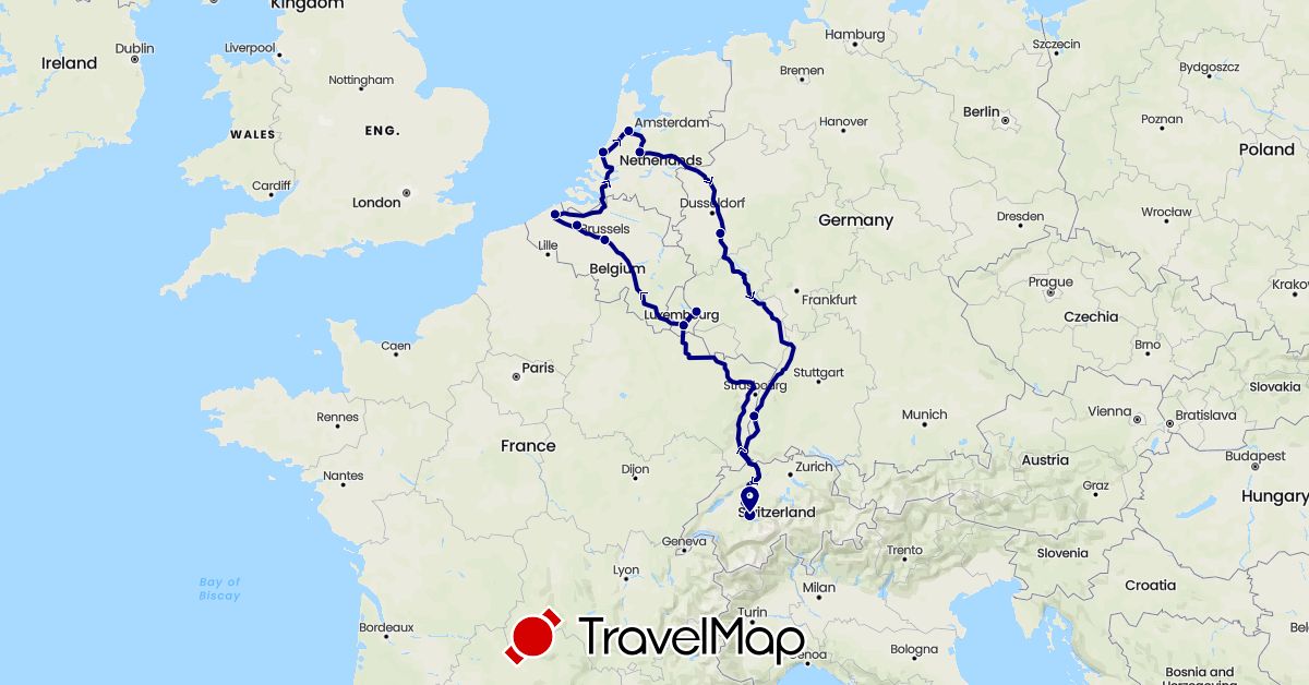 TravelMap itinerary: driving in Belgium, Switzerland, Germany, Luxembourg, Netherlands (Europe)