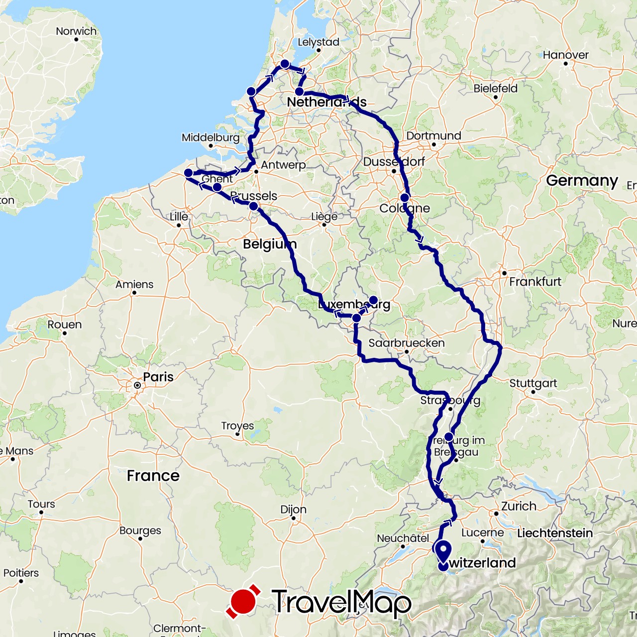 TravelMap itinerary: driving in Belgium, Switzerland, Germany, Luxembourg, Netherlands (Europe)