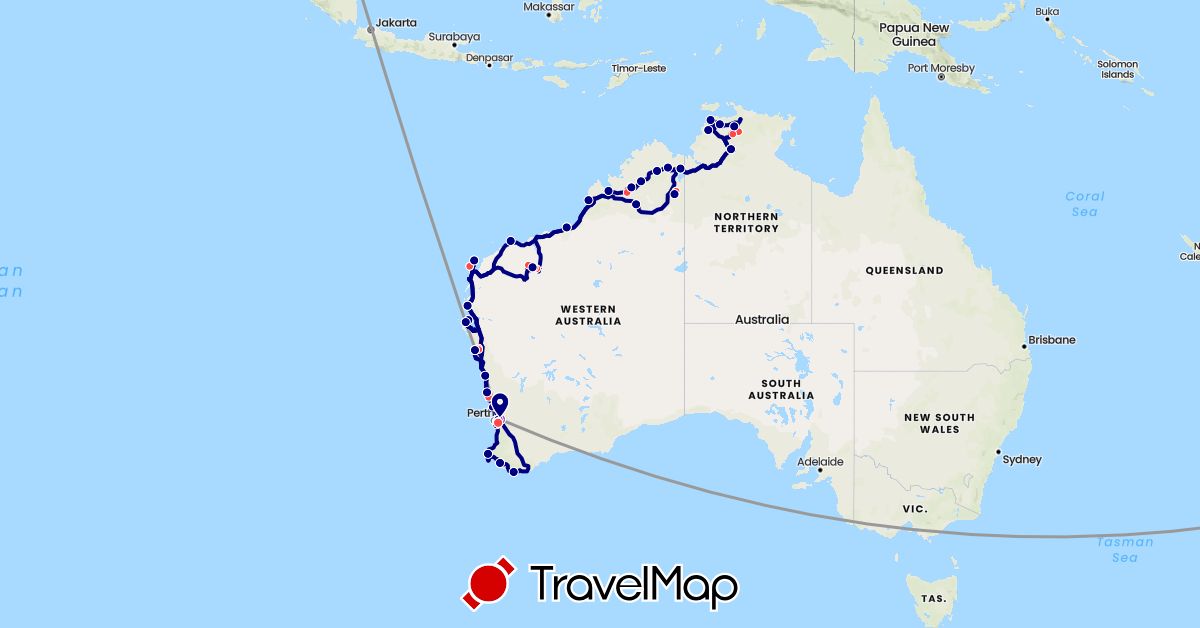 TravelMap itinerary: driving, plane, cycling, train, hiking, boat in Australia, New Zealand (Oceania)