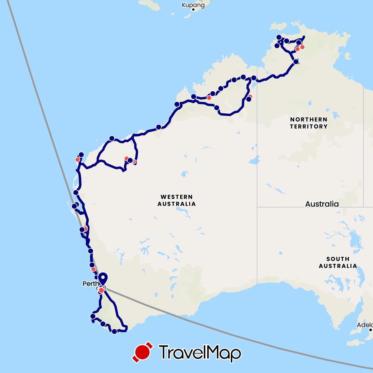 TravelMap itinerary: driving, plane, cycling, train, hiking, boat in Australia, New Zealand (Oceania)