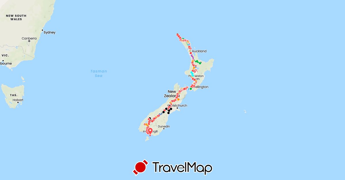 TravelMap itinerary: driving, bus, cycling, train, hiking, boat, hitchhiking, shuttle, kayak, gondola in New Zealand (Oceania)