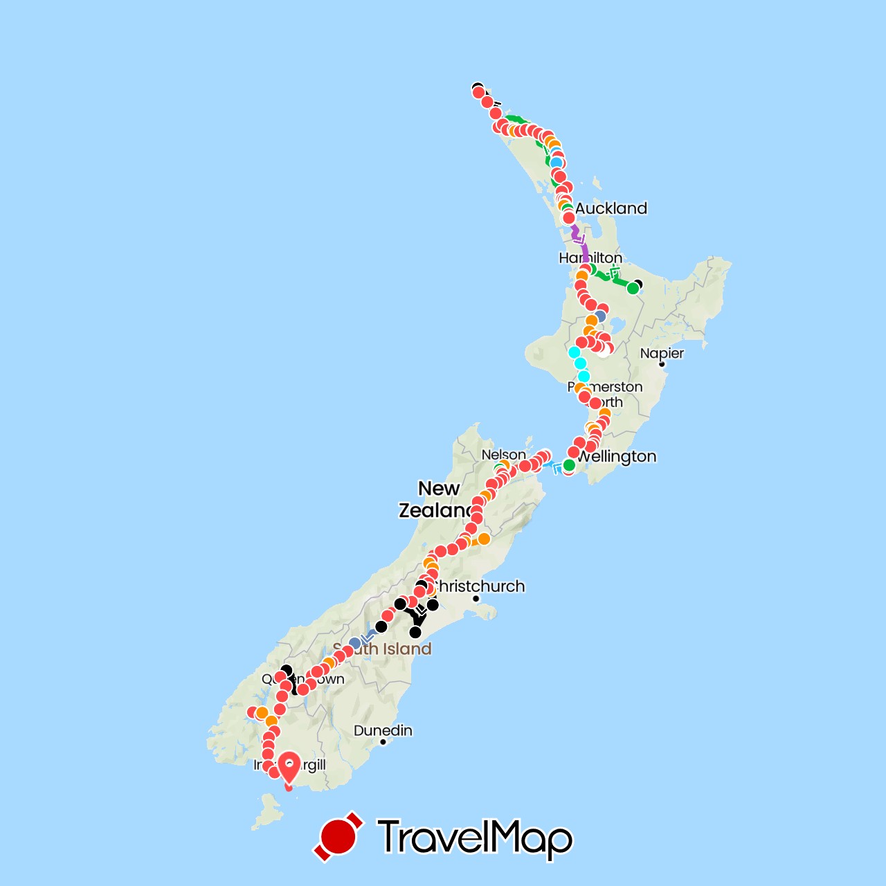 TravelMap itinerary: driving, bus, cycling, train, hiking, boat, hitchhiking, shuttle, kayak, gondola in New Zealand (Oceania)