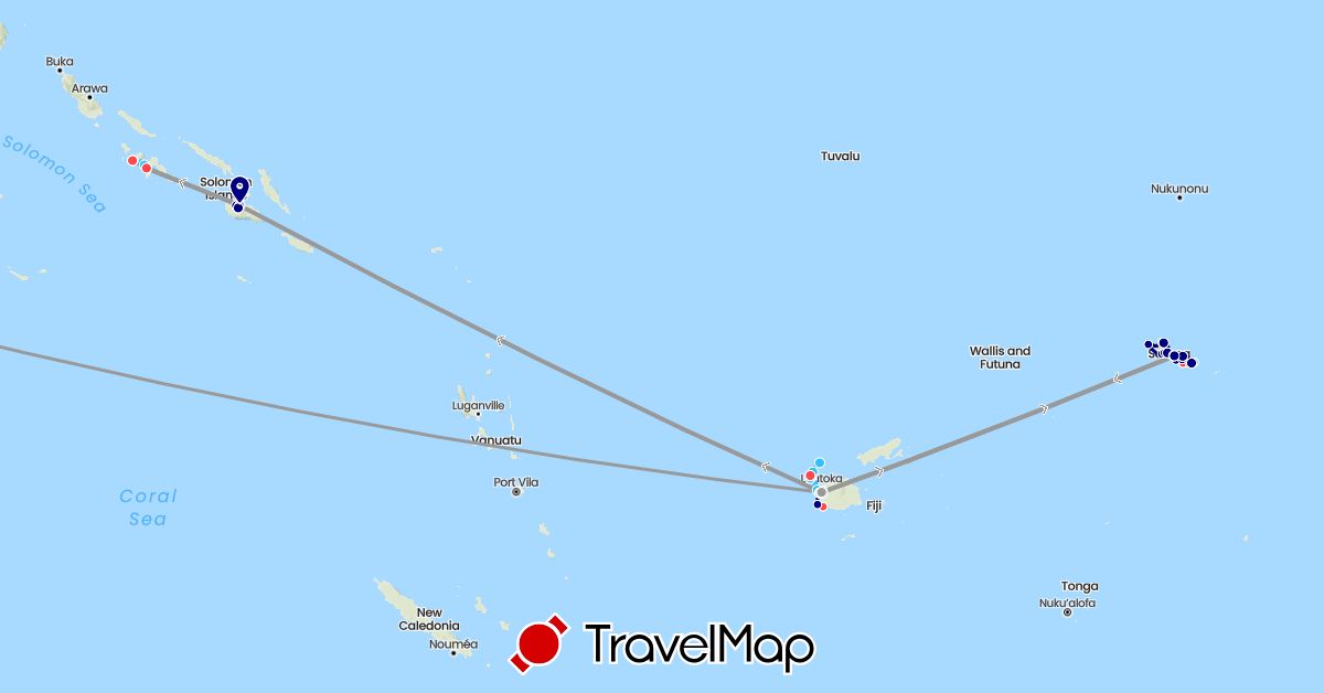 TravelMap itinerary: driving, plane, hiking, boat in Fiji, Solomon Islands, Singapore, Samoa (Asia, Oceania)
