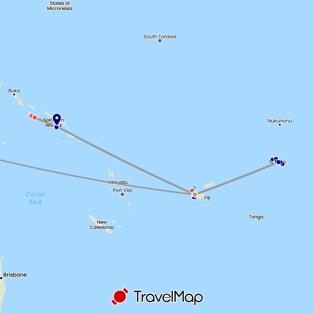 TravelMap itinerary: driving, plane, hiking, boat in Fiji, Solomon Islands, Singapore, Samoa (Asia, Oceania)
