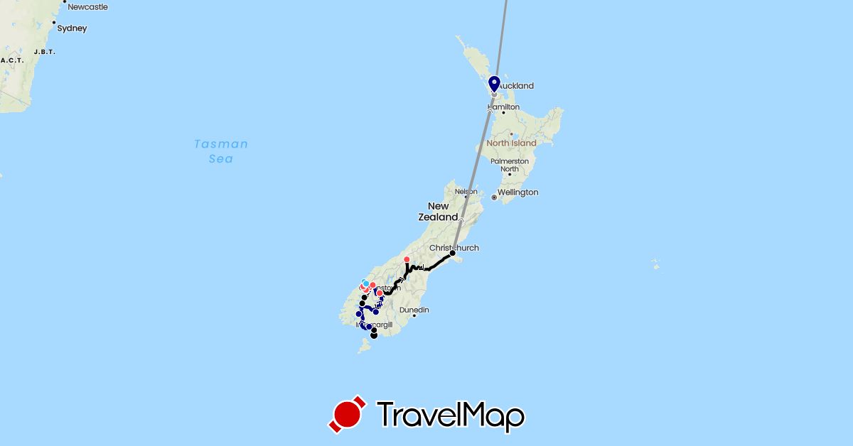 TravelMap itinerary: driving, plane, hiking, boat, shuttle, gondola in Fiji, New Zealand (Oceania)