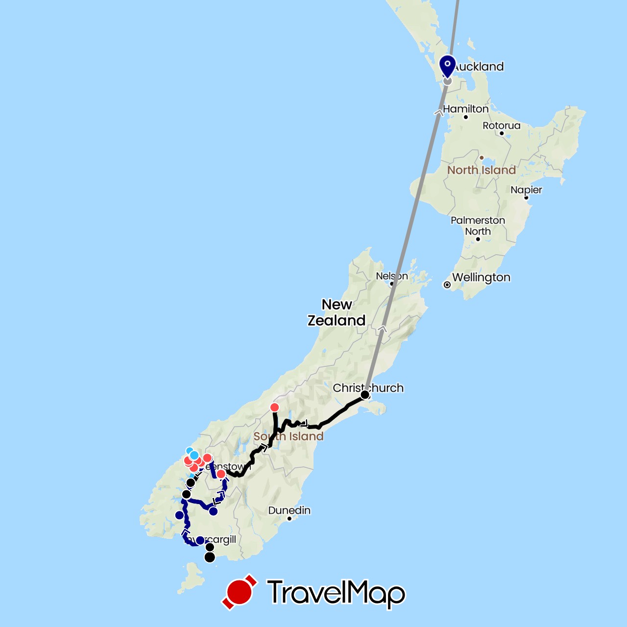 TravelMap itinerary: driving, plane, hiking, boat, shuttle, gondola in Fiji, New Zealand (Oceania)