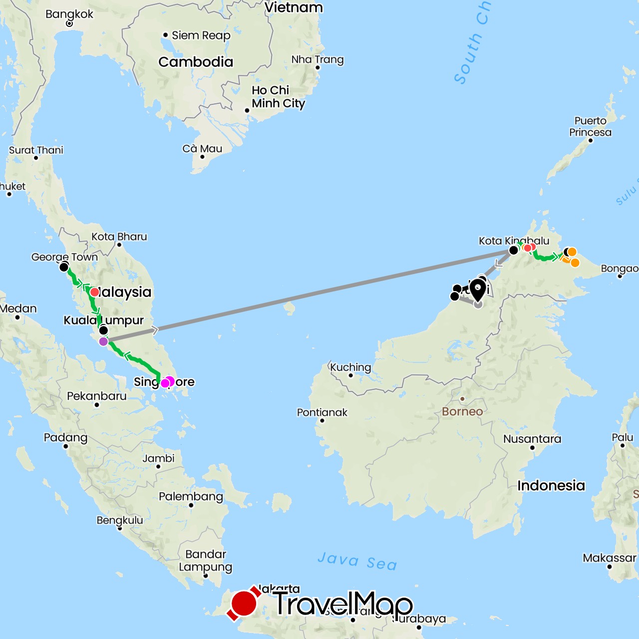 TravelMap itinerary: driving, bus, plane, train, hiking, subway, taxi/uber/grab, tour in Malaysia, Singapore (Asia)